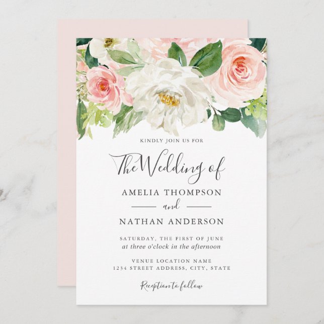 Watercolor Florals Blush Wedding  Invitation (Front/Back)