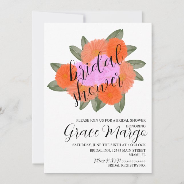 Watercolor Florals Bouquet Pink Bold Bridal Shower Invitation (Front)