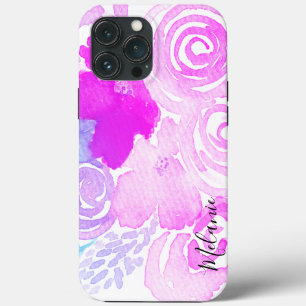 Watercolor Florals Bright Pink Script Name iPhone 13 Pro Max Case