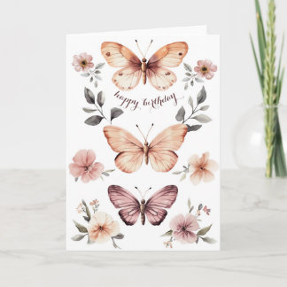 Watercolor Florals Butterflies Happy Birthday Card