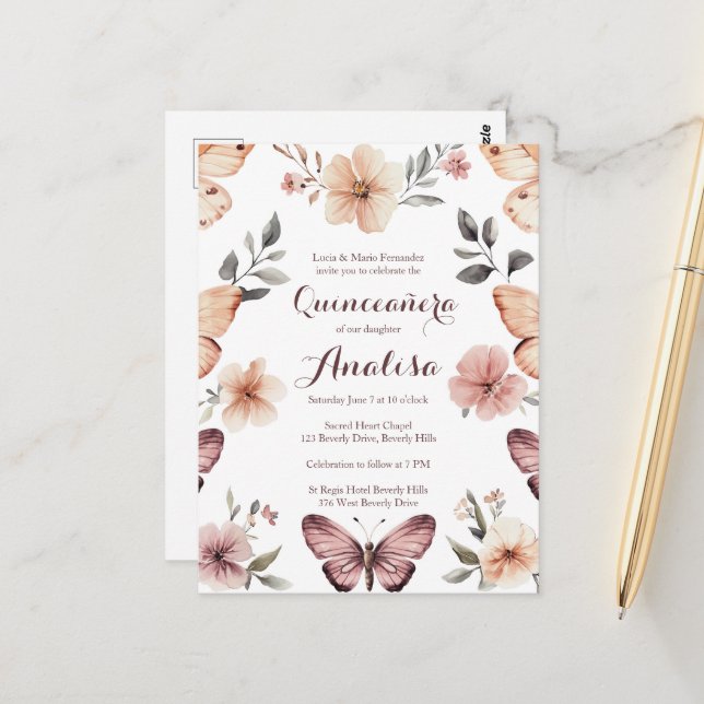 Watercolor Florals Butterflies Quinceañera CUSTOM Postcard (Front/Back In Situ)