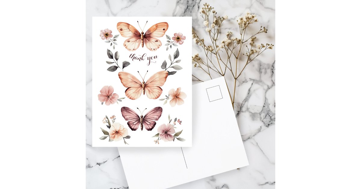 Watercolor Florals Butterflies Thank You Postcard | Zazzle