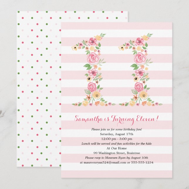 Watercolor Florals ELEVEN 11th Birthday Invitation (Front/Back)