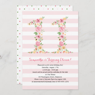 Watercolor Florals ELEVEN 11th Birthday Invitation