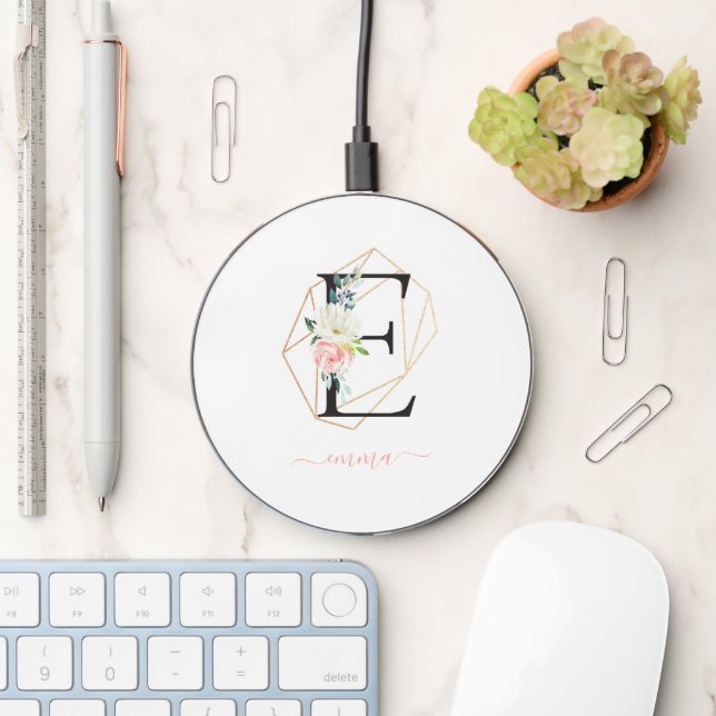 Watercolor Florals Letter E Monogrammed Wireless Charger (Desk)