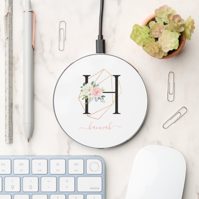 Watercolor Florals Letter H Monogrammed Wireless Charger (Desk)