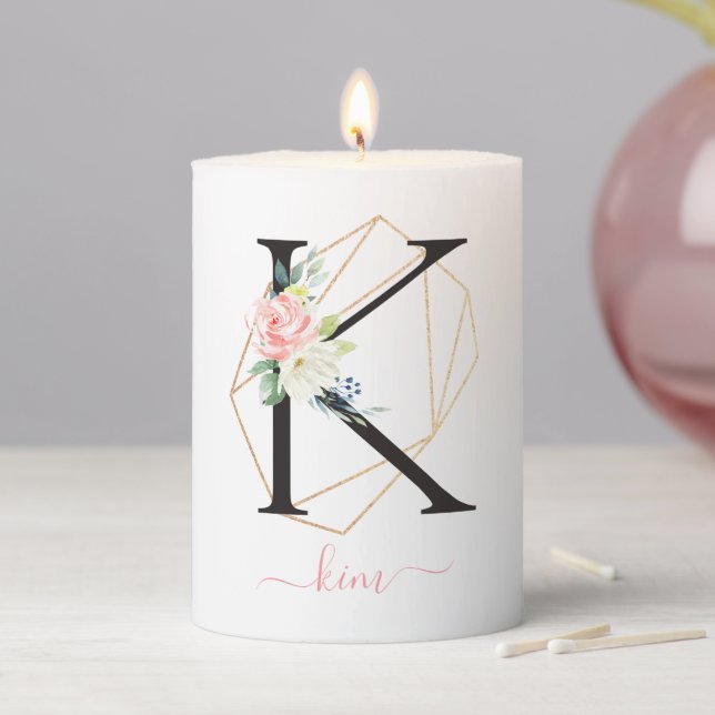 Watercolor Florals Letter K Monogram Pillar Candle (In Situ)