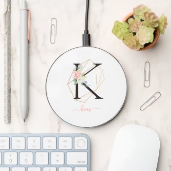 Watercolor Florals Letter K Monogrammed Wireless Charger by heartlockedcases at Zazzle
