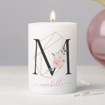 Watercolor Florals Letter M Monogram Pillar Candle by heartlockedhome at Zazzle