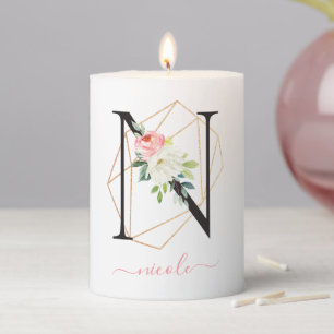 Watercolor Florals Letter N Monogram Pillar Candle