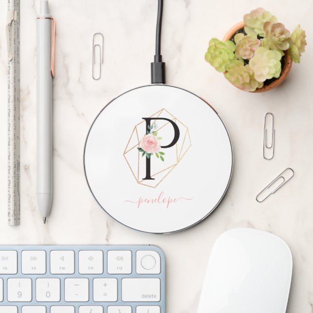 Watercolor Florals Letter P Monogrammed Wireless Charger (Desk)