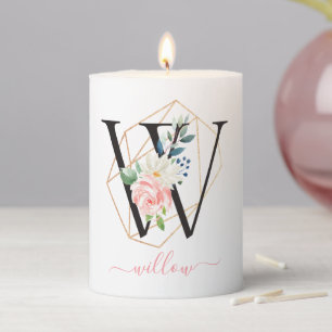 Watercolor Florals Letter W Monogram Pillar Candle