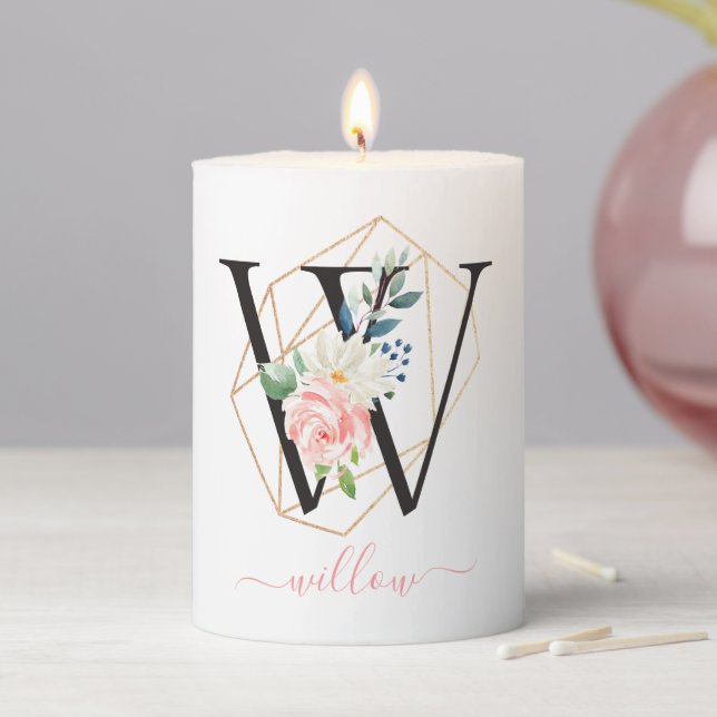Watercolor Florals Letter W Monogram Pillar Candle (In Situ)