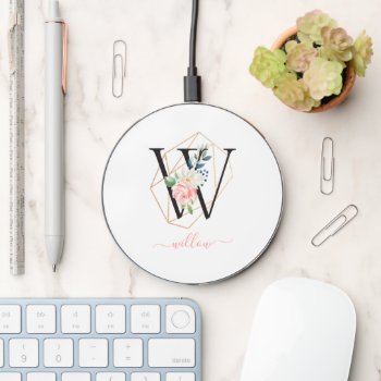 Watercolor Florals Letter W Monogrammed Wireless Charger by heartlockedcases at Zazzle