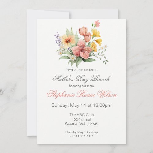 Watercolor Florals Mothers Day Brunch Tea Party Invitation