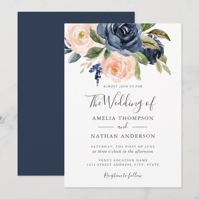 Watercolor Florals Navy Peach Wedding  Invitation (Front/Back)