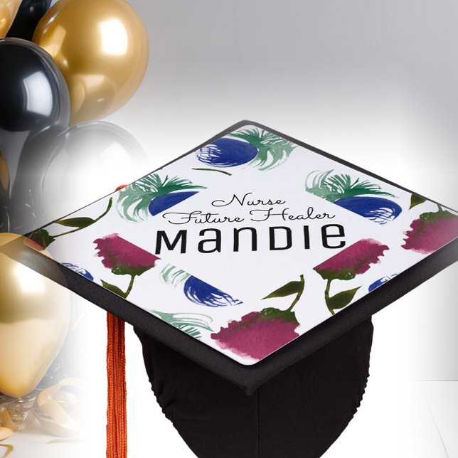 Watercolor Florals Nurse Healer Graduation Cap Topper (Creator Uploaded)