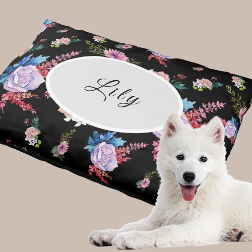 Watercolor Florals on Black Personalized Pet Bed