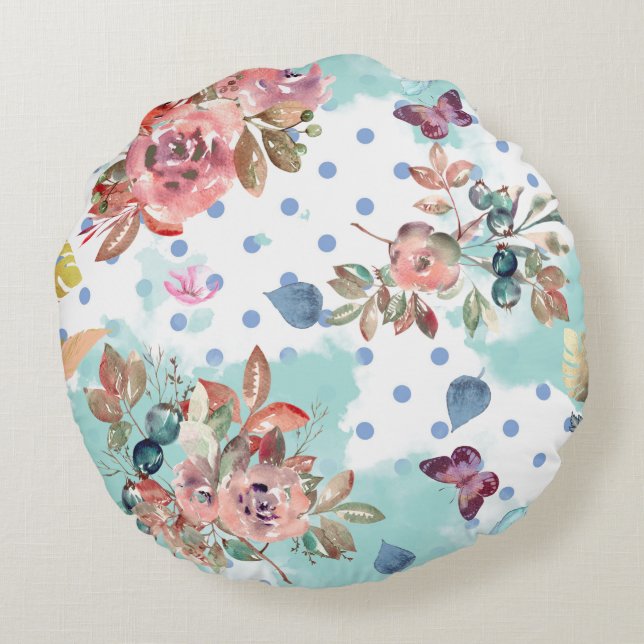 Watercolor Florals on White Round Pillow (Back)