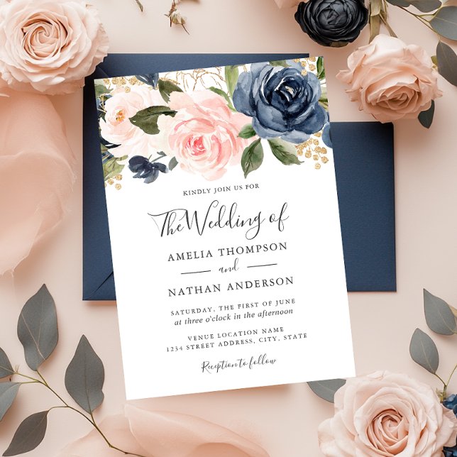 Watercolor Florals Peach Navy Wedding  Invitation  (Creator Uploaded)