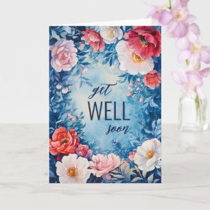 Watercolor Florals Pink Blue GET WELL SOON CUSTOM Card