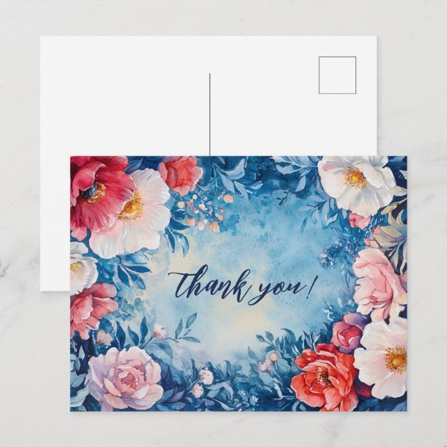 Watercolor Florals Pink Blue THANK YOU CUSTOM  Postcard (Front/Back)