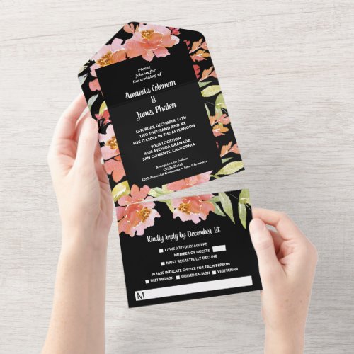 Watercolor Florals Red on Black Wedding All In One Invitation