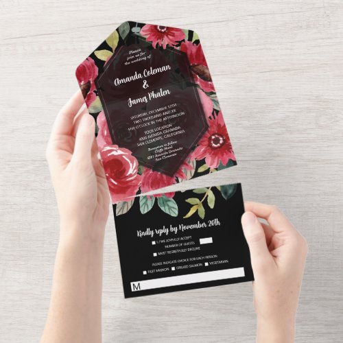 Watercolor Florals Red on Black Wedding All In One Invitation