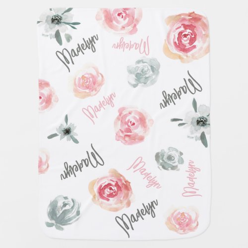 Watercolor florals repeated Name Boho Chic pink Baby Blanket