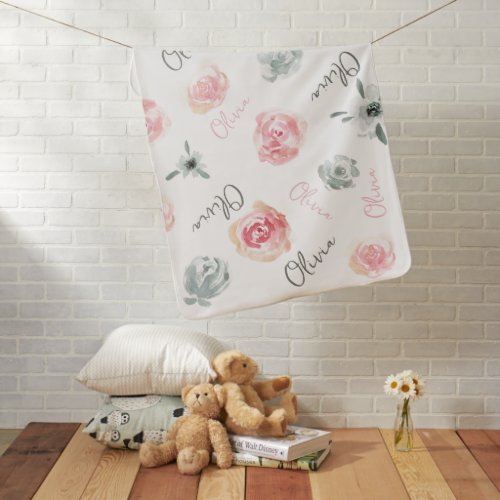 Watercolor florals repeated Name Boho Chic pink  Baby Blanket