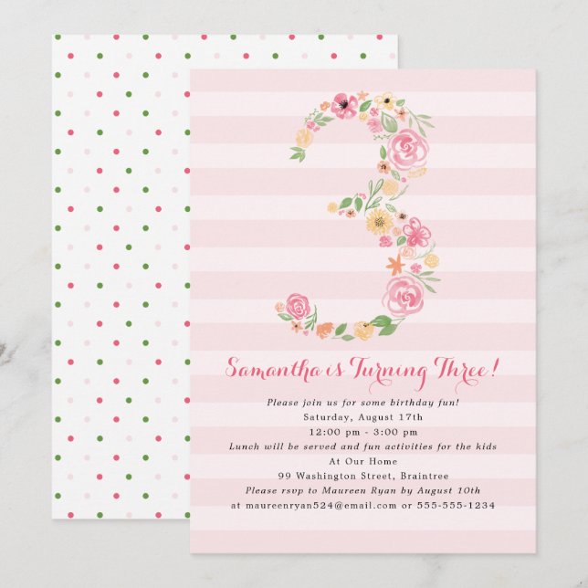 Watercolor Florals THREE 3rd Birthday Invitation (Front/Back)