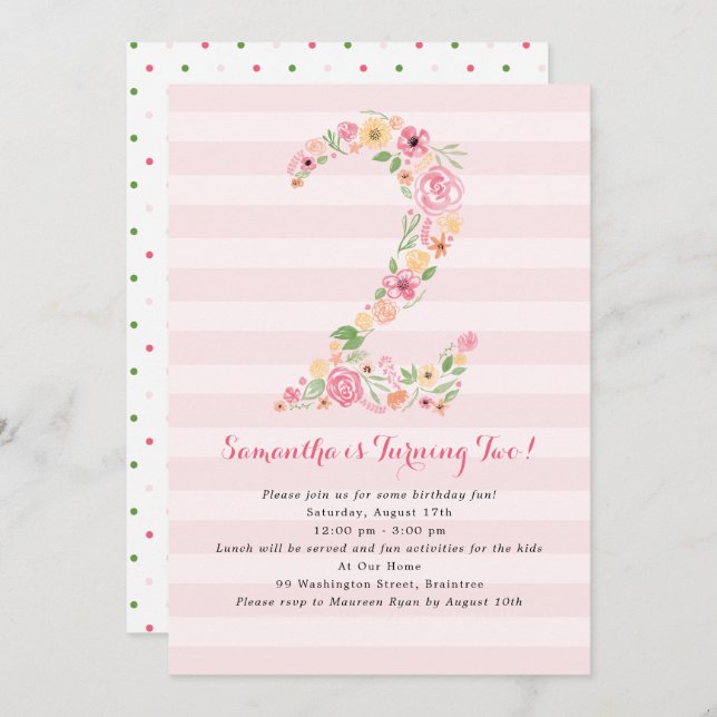Watercolor Florals TWO Second Birthday Invitation (Front/Back)