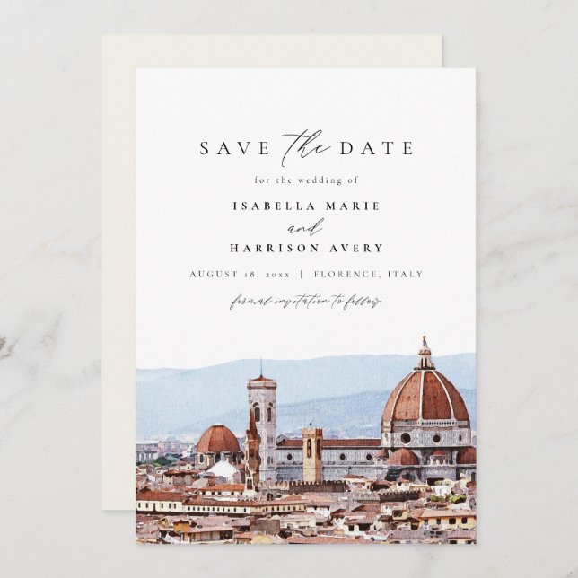 Watercolor Florence Italy Skyline Save the Date Invitation (Front/Back)