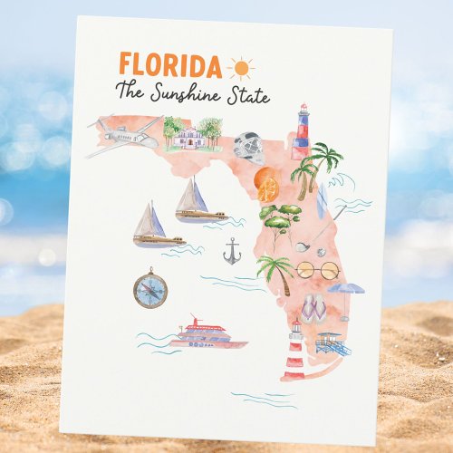 Watercolor Florida State Art Map Postcard