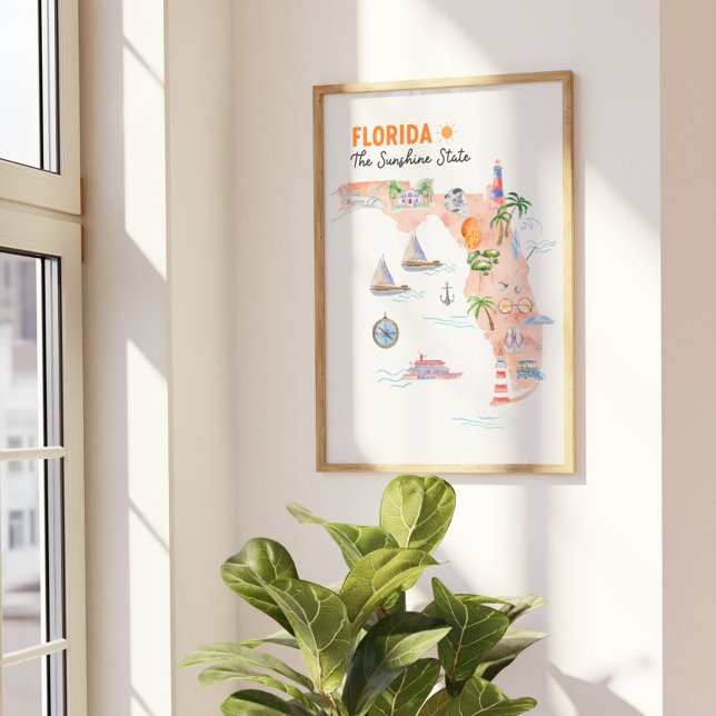 Watercolor Florida State Art Map Poster (In situ Beside the window)