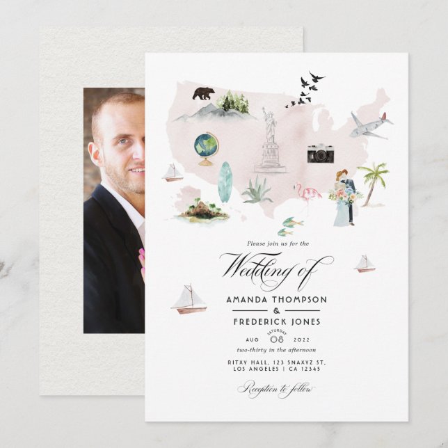 Watercolor Florida USA Destination Wedding Photo Invitation (Front/Back)