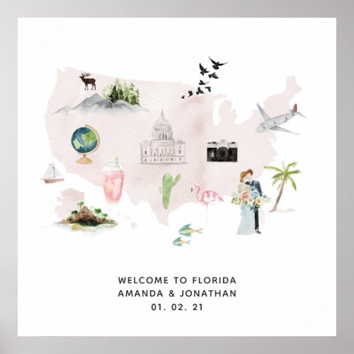 Watercolor Florida USA Destination Wedding Welcome Poster