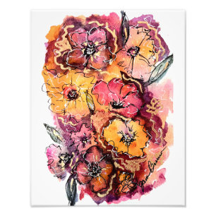 Watercolor Flower Artwork Pink, Orange and Magenta Photo Print