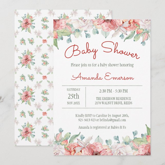 Watercolor Flower Baby Shower Invitations (Front/Back)