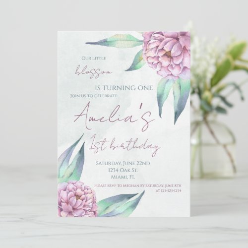 Watercolor Flower Birthday Party Girl Floral Theme Invitation