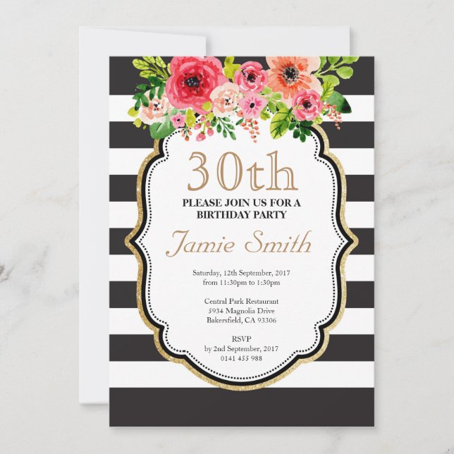 Watercolor Flower Black and White Stripe Birthday Invitation (Front)