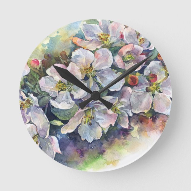 Watercolor flower blooming apple tree wedding flow round clock (Front)
