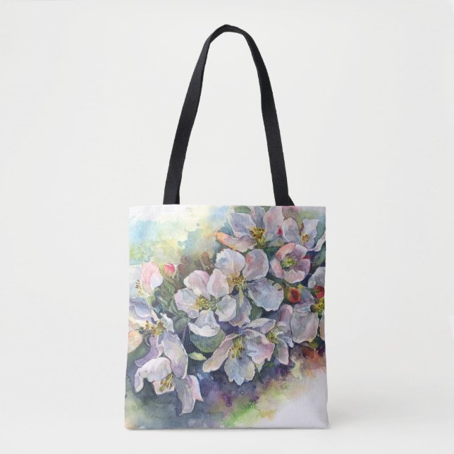 Watercolor flower blooming apple tree wedding flow tote bag (Front)