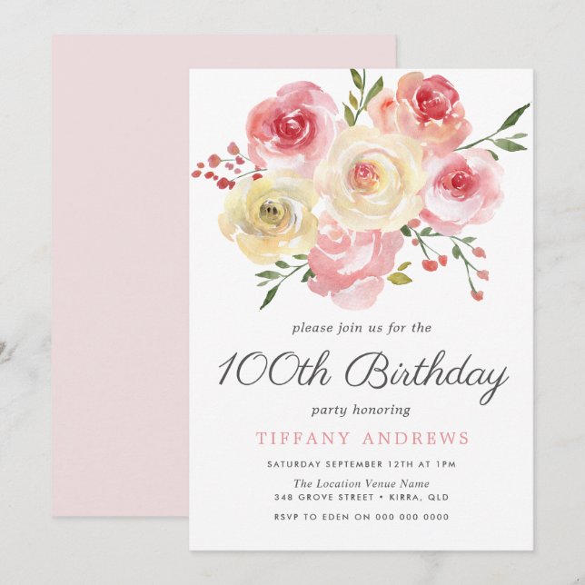 Watercolor Flower Blush Pink 100th Birthday Invite (Front/Back)
