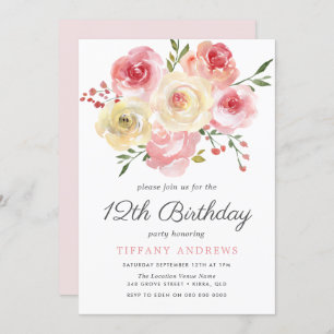 Watercolor Flower Blush Pink 12th Birthday Invite