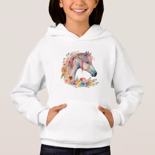 Watercolor Flower Boho Horse Pastel Hoodie (Front)