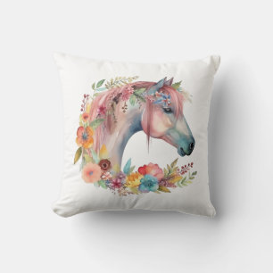 Watercolor Flower Boho Horse Pastel Throw Pillow
