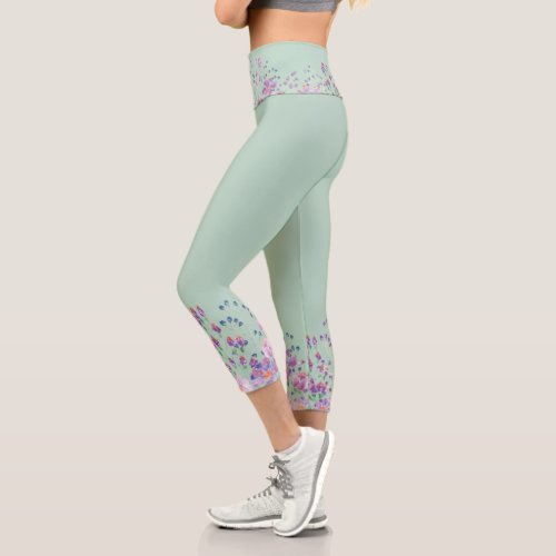 Watercolor Flower Border On Sage Green Capri Leggings