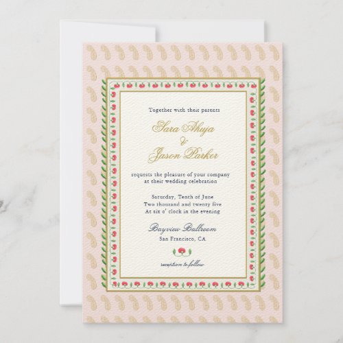 Watercolor flower border Pink Indian wedding Invitation