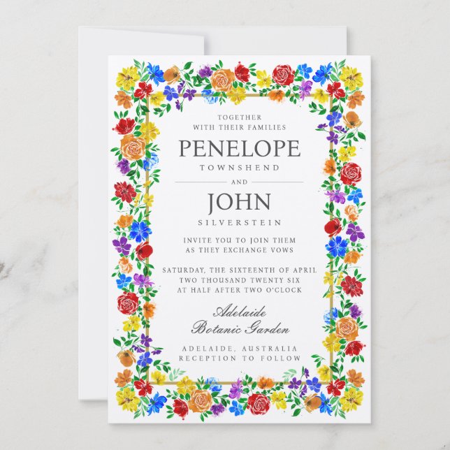 Watercolor Flower Botanical Garden Rainbow Wedding Invitation (Front)